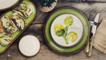 Flatlay of a table set in olive green colours