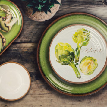 Flatlay of a table set in olive green colours