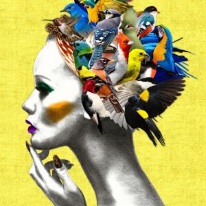 Bird girl yellow print on canvas