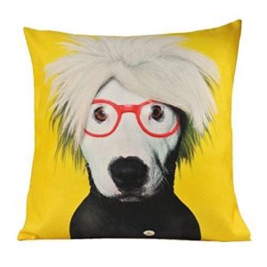 Yellow cushion with a dog in a Andy Warhol wig